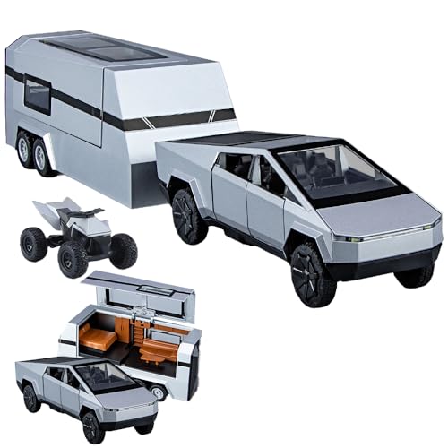 1/32 Diecast Pickup Trailer RV Model Toy Truck with Beach Motorcycle, Alloy Metal Pickup Truck Model Diecast Vehicles with Sound Light Pull Back, Birthday Gifts for Boys Adults (Silver)