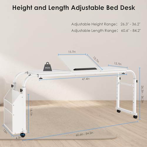 Arlopu Overbed Table with Wheels,60.6-84.2 inches Mobile Bed Desk,Rolling Computer Desk, Laptop Cart,W/0-65°Tilt Stand,4 Heights and 6 Lengths,Side Storage Basket,for Home,Office and Hospital (Brown)