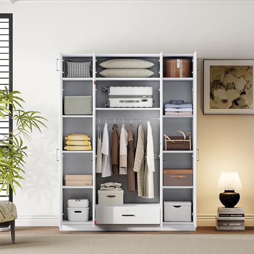 Modern Storage Wardrobe with Hanging Rods and 2 Drawers, Wood Clothes Storage Cabinet Organizer with Sliding Door and Open Shelves, Freestanding Wardrobe Cabinet for Small Spaces, Guest Room