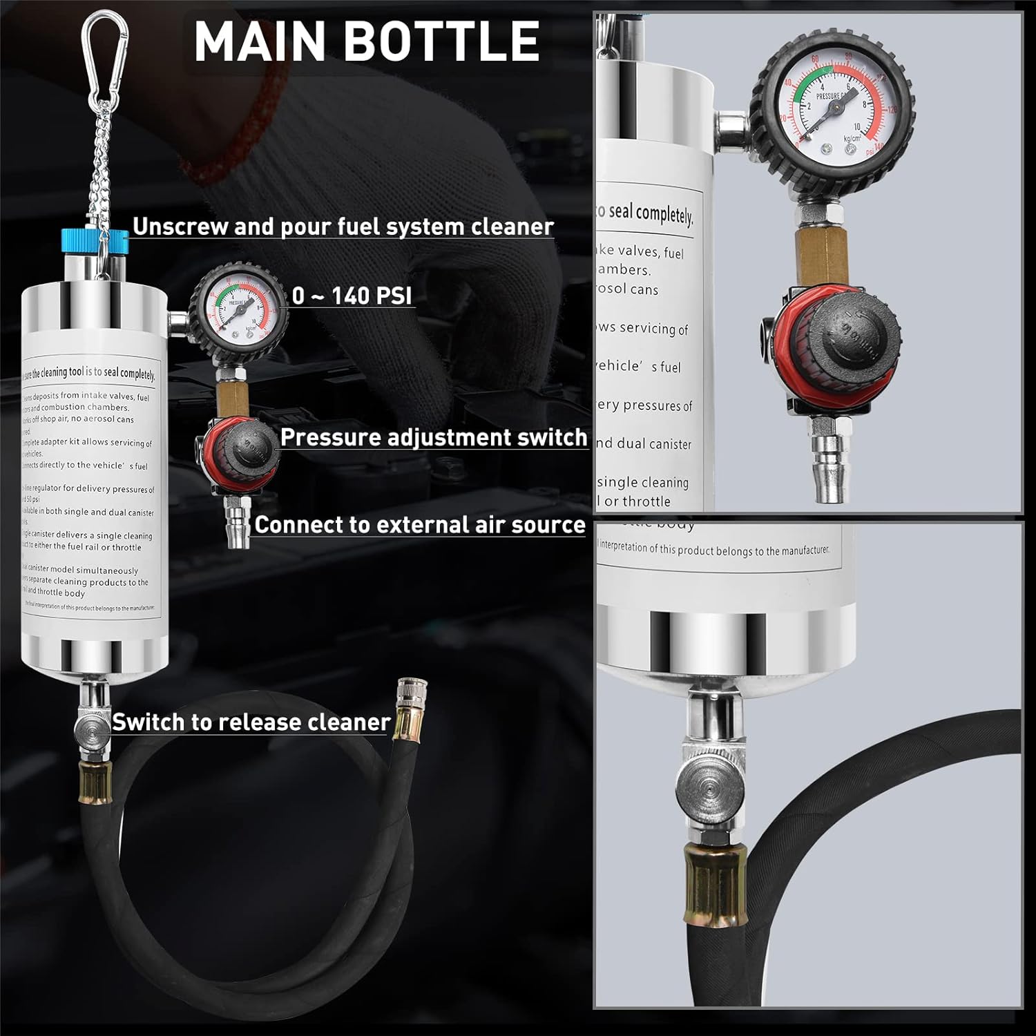 YFIXTOOL Fuel Injection Cleaner Tool, Fuel System Injector Tester and Cleaner Kit for Automotive Gasoline Petrol EFI Throttle (600ML, 140PSI)