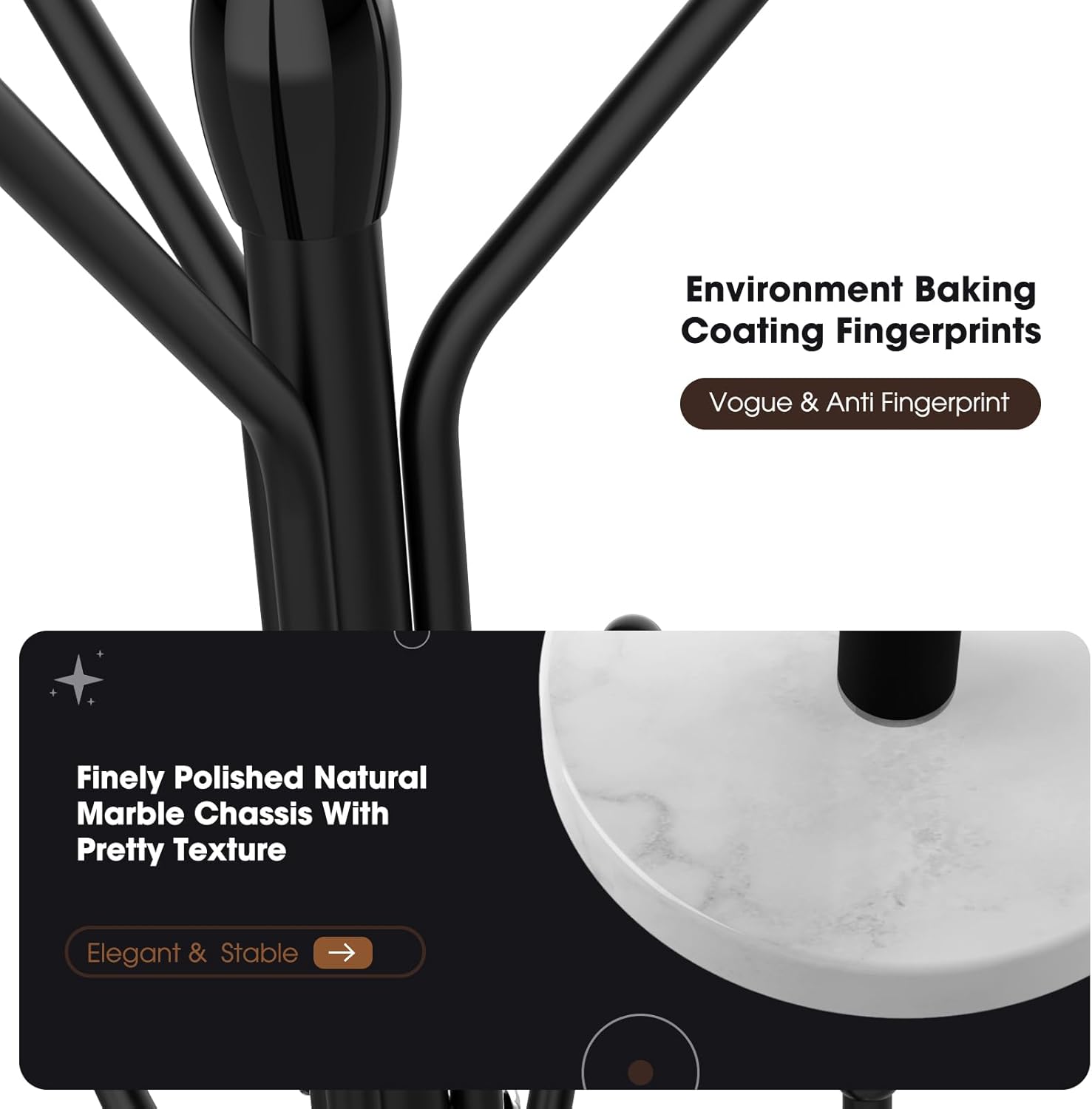 Coat Racks Free Standing,Metal Sturdy Coat Rack with 12 Storages,Coat Tree with Natural Marble Base,For Hanging Coat Bags Hats Umbrella,For Entryway Bedroom Office