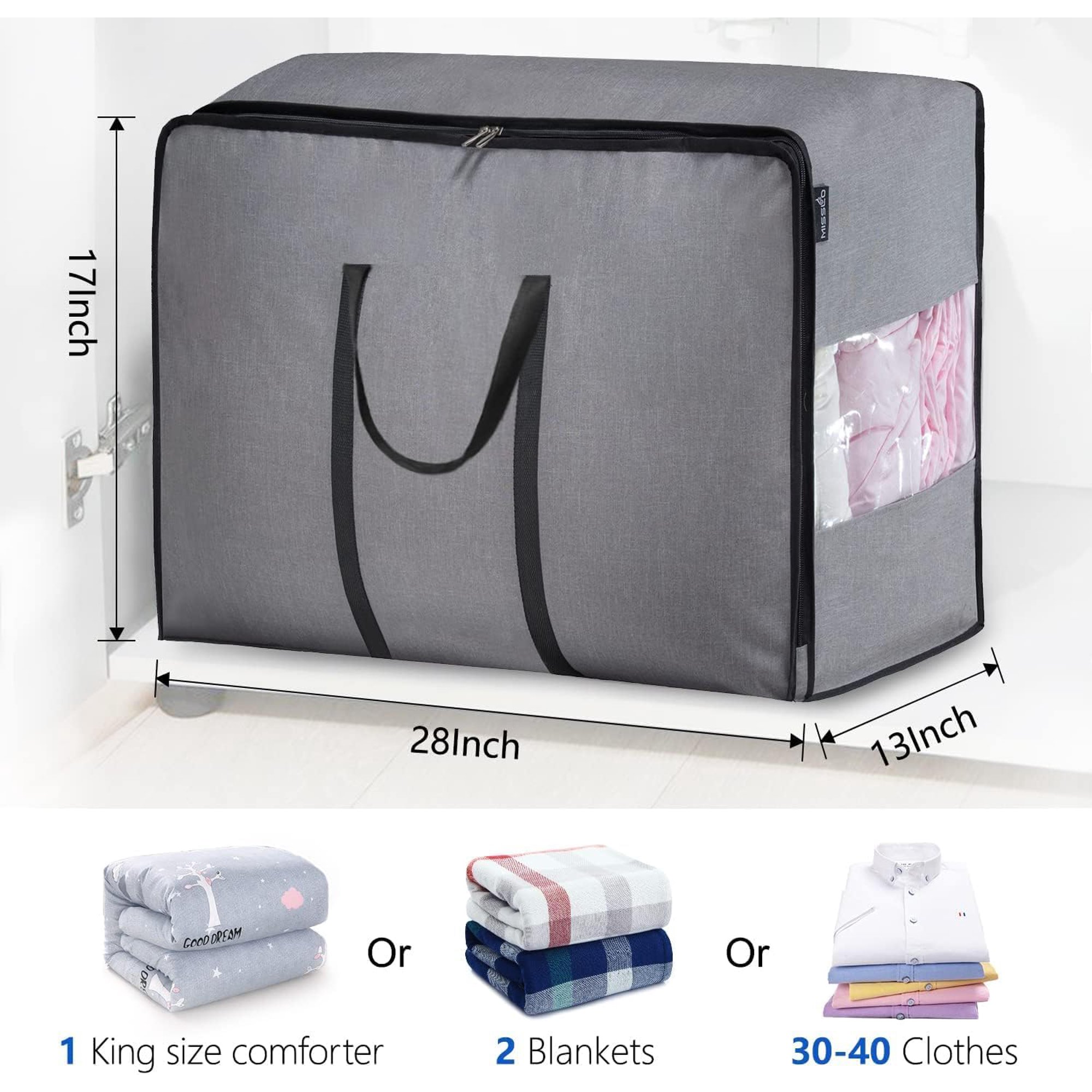 Thick Over Size Storage Bag, Folding Organizer Bag, Under Bed Storage, College Carrying Bag for Bedding Comforters, Blanket, Clothes (Grey)