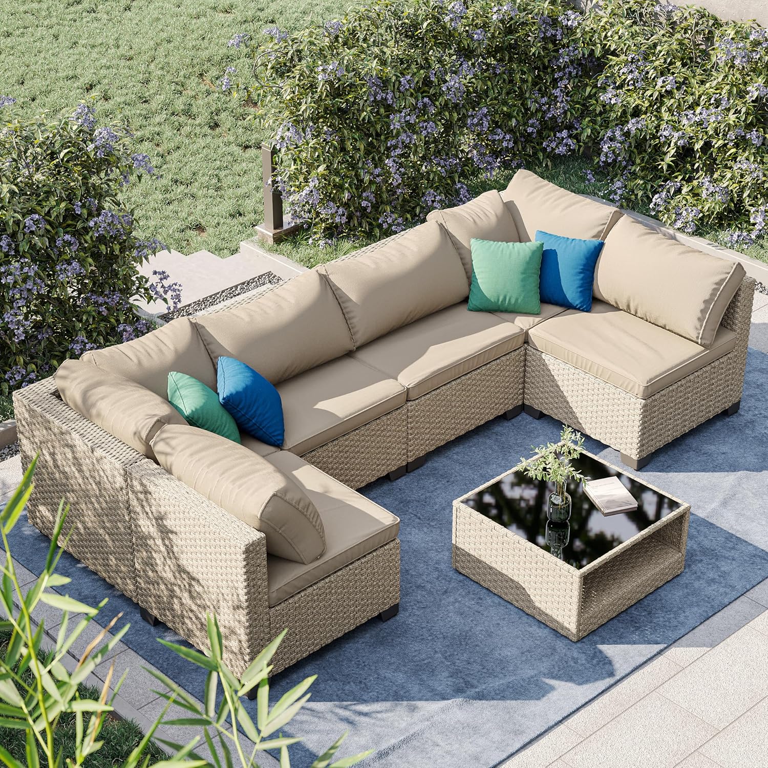 7-Piece Patio Furniture, Weather Boho Outdoor Conversation Set Sectional Sofa with Water Resistant Grey Thick Cushions for Backyard Poolside Lawn Garden, Beige, 6-Seater