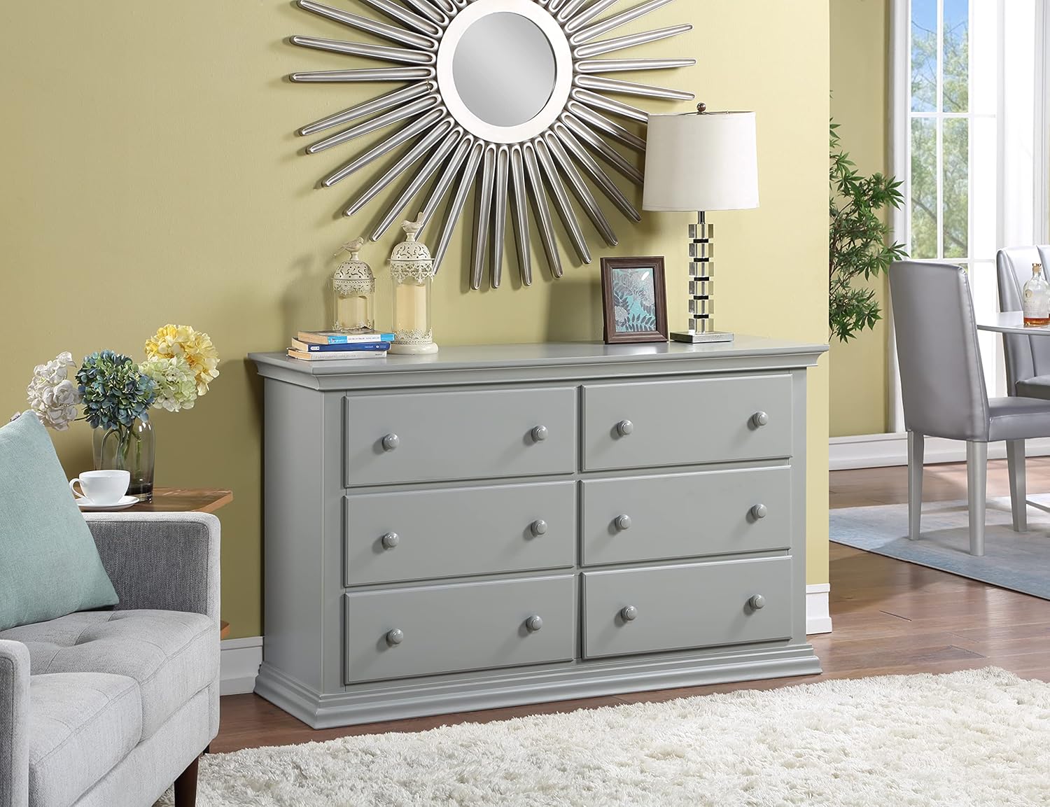 Suite Bebe Universal Double Dresser Gray - Fully assembled, Included Anti-Tip Kit, Six Spacious Drawers, Dresser for Nursery, Bedroom, Wooden Nursery Furniture