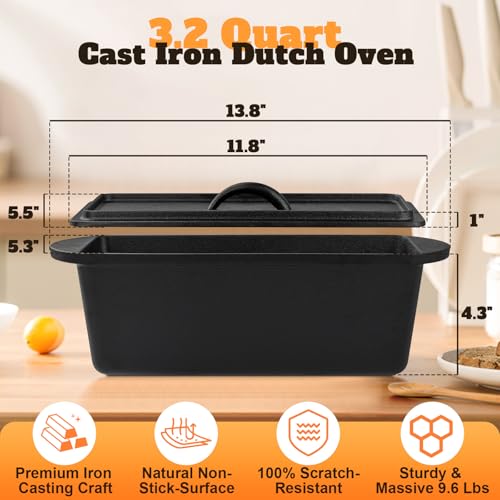 Rectangular Cast Iron Dutch Oven for Bread Baking, Cast Iron Sourdough Bread Pan with Lid Handles Lame, Even Heat Bread Baking Pan for Homemade Bread Cake Meatloaf, 3.2QT