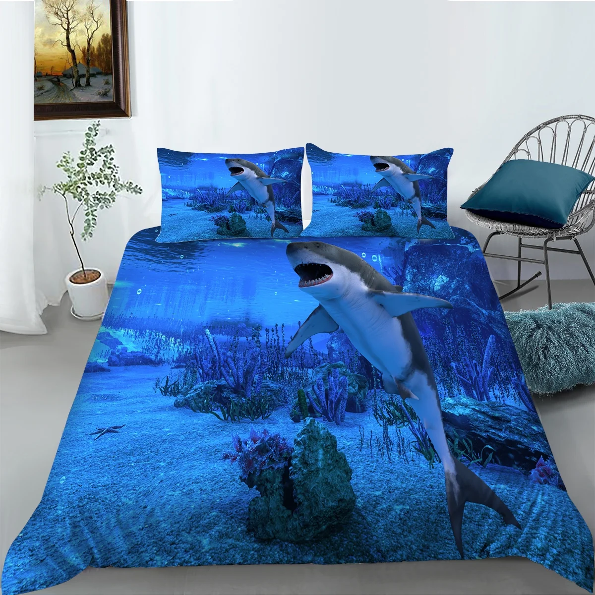 wenjialing 3D Shark Printing Duvet Cover Set Soft Bedding Set Quilt Covers Luxury Bedspreads,California King(104