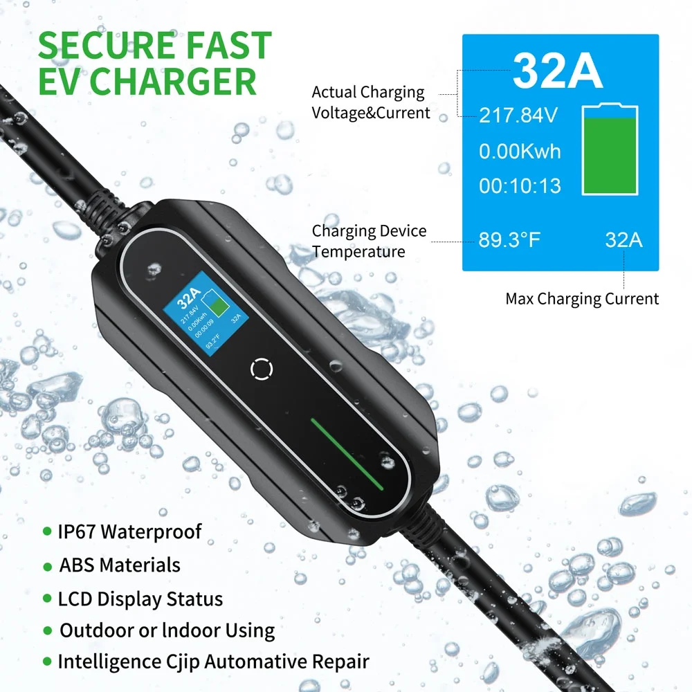 16ft J1772 Level 2 Portable 32A EV Charger Electric Car Fast Charger EVSE NEMA 14-50, Black