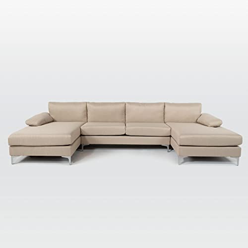 Casa Andrea Milano Modern Large Linen Fabric U-Shape Sectional Sofa, Double Extra Wide Chaise Lounge Couch
