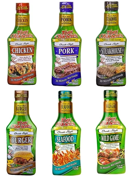 Tony Chachere's 6 Pack Bundle Pourable Marinade - Includes 1 Bottle Each - Chicken, Steakhouse, Pork, Burger, Wildgame, and Seafood
