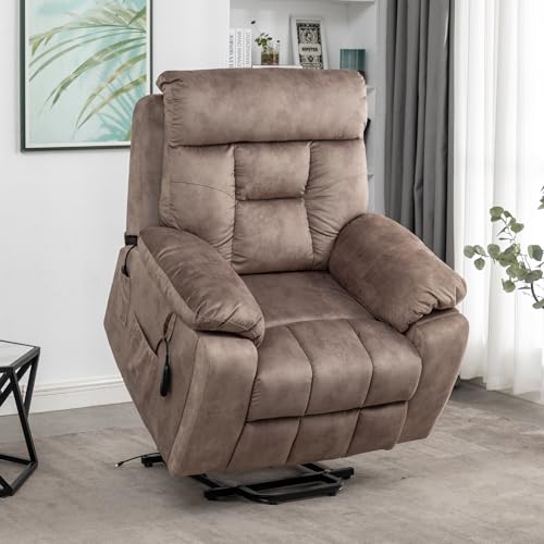 Oversized Power Lift Chair for Elderly, 26-inch Wide Seat with Heat & Massage, Hidden Cup Holder - Big Man Recliner 350 lbs (Brown)