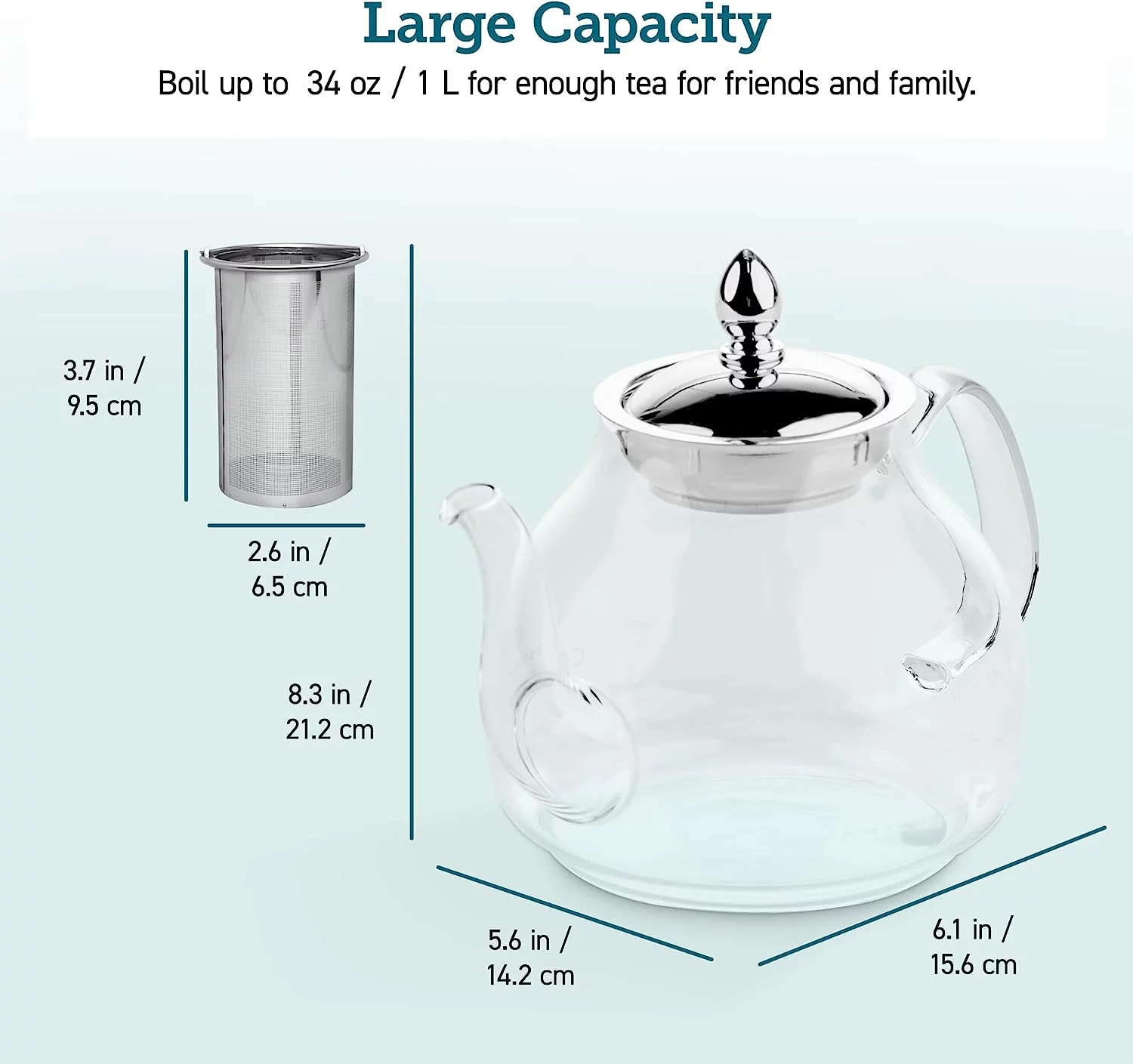 Cosori Glass Teapot Stovetop Safe Gooseneck Kettle with Removable Stainless Steel Infuser Scale Line, Borosilicate, 1000 ml, Transparent