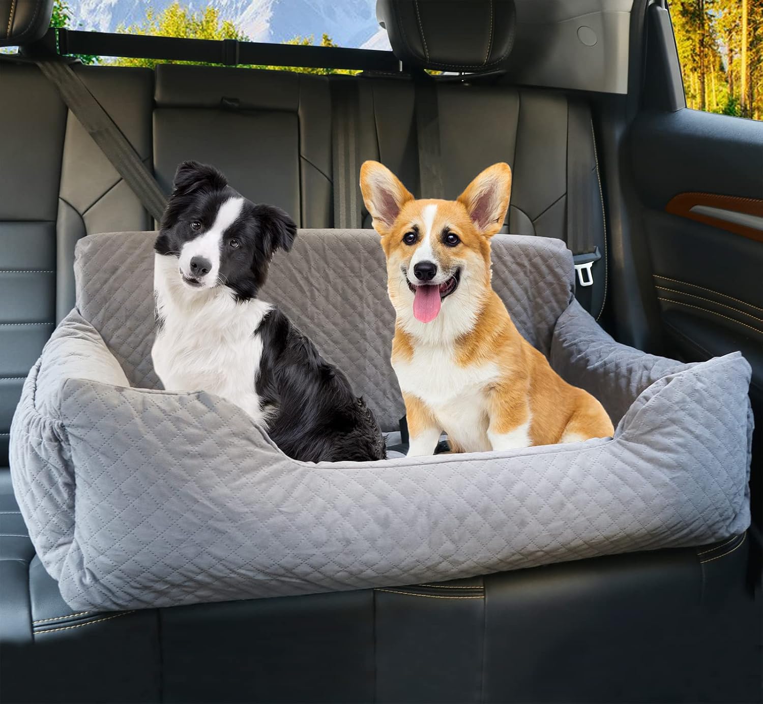 Dog Car Seat for Large Dog Under 60 lbs or 2 Small/Medium Dogs, Pet Booster Back seat Bed for Travel Safety with Storage Pocket,Soft Fabric and Non-Slip Base,Detachable and Easy to Clean(Black-L)