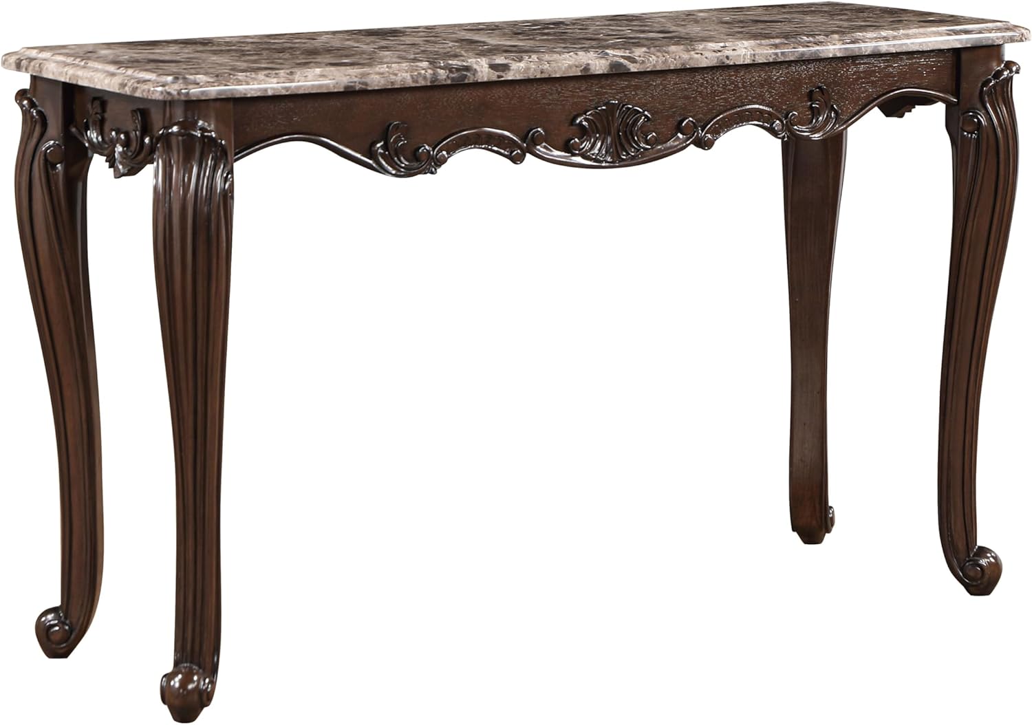 Acme Nayla Marble Rectangular Sofa Table with Floral Legs in Cherry