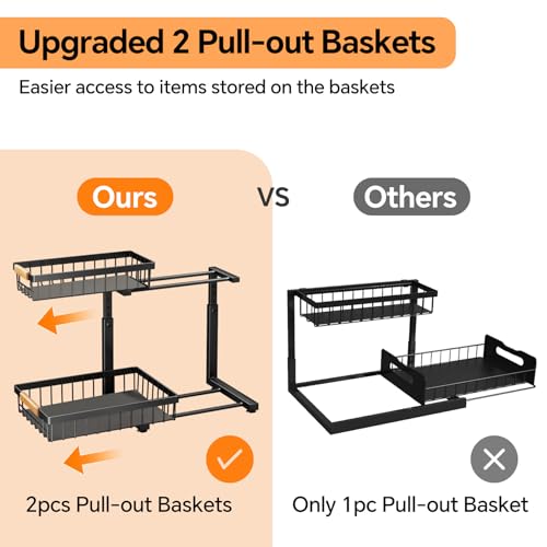 Pull out Cabinet Organizer, 2 Tier Under Sink Organizer, Slide out Metal Kitchen Cabinet Organizers Drawer Shelf, Sliding Storage Shelves for Kitchen Bathroom Pantry Cabinet Closet Organization Rack