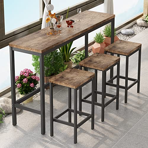 Danxee 4 Piece Iron Kitchen Breakfast Nook Counter Height Dining Table Set with 3 Wood Stools, Compact Kitchen Table for Kitchen, Dining Room, Dinette, Breakfast Nook, Pub Table (Natural)
