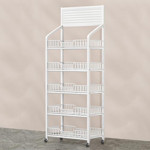 4 5 Tier Supermarket Shelf Display Rack, Commercial Snack Organizer for Home Convenience Stores Kitchen, Candy/Potato Chips Holder Stand with Wheels (Color : White, Size : 5 Tier)