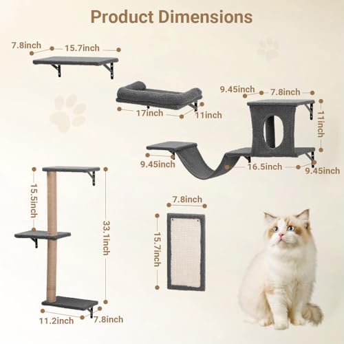 Cat Wall Shelves, 5-in-1 Cat Furniture Set, Wooden Cat Climber with Perches, Condo House, Bed, Scratching Post & Board for 16inch Drywall and Solid Wall