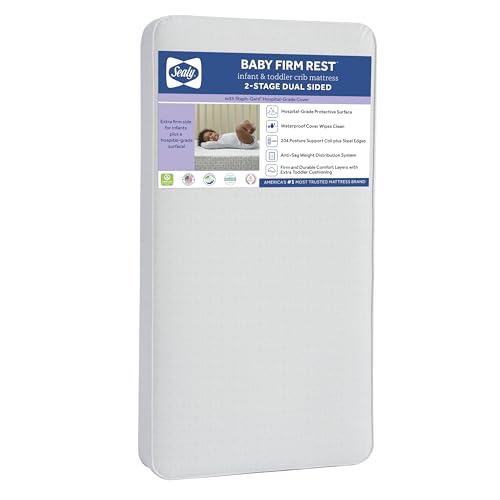 Sealy Baby Firm Rest Antibacterial Breathable Crib Mattress, Made in USA, GREENGUARD Gold Certified, 204 Steel Coils, 2 Stage, Toddler Bed Fit, Waterproof, Non Toxic, Safety & Quality Tested, 52x28