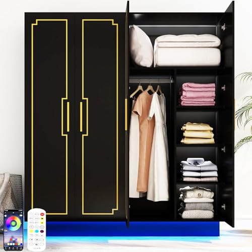 70in LED 4 Doors Armoires Wardrobe Closet&Cabinet with Metal Hanging Rod, Freestanding Bedroom Black Tall Armoires with RGB LED 60000-color Lights for Bedroom Office Clothes Organizer