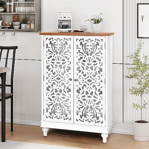MFSTUDIO Small Accent Storage Cabinet with 1 Door, Farmhouse Hollow-Carved Floral Distressed Decorative Wood Cabinet Nightstand Side Table Sofa Table for Living Room, 13.8