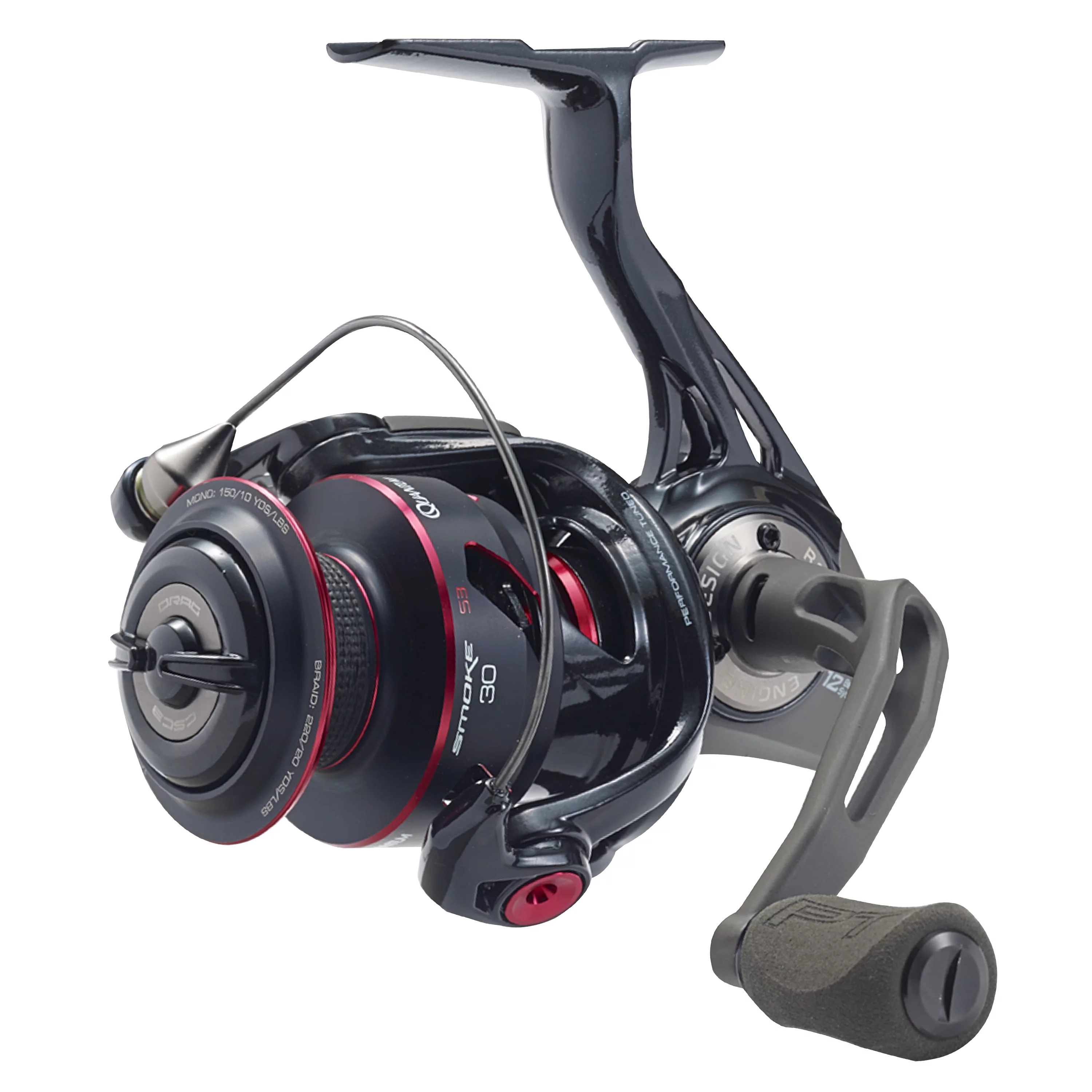 Quantum Smoke Spinning Fishing Reel, Size 30 Reel, Changeable Right- or Left-Hand Retrieve, Continuous Anti-Reverse Clutch with NiTi Indestructible Bail, SCR Alloy Frame, 6.0:1 Gear Ratio, Black