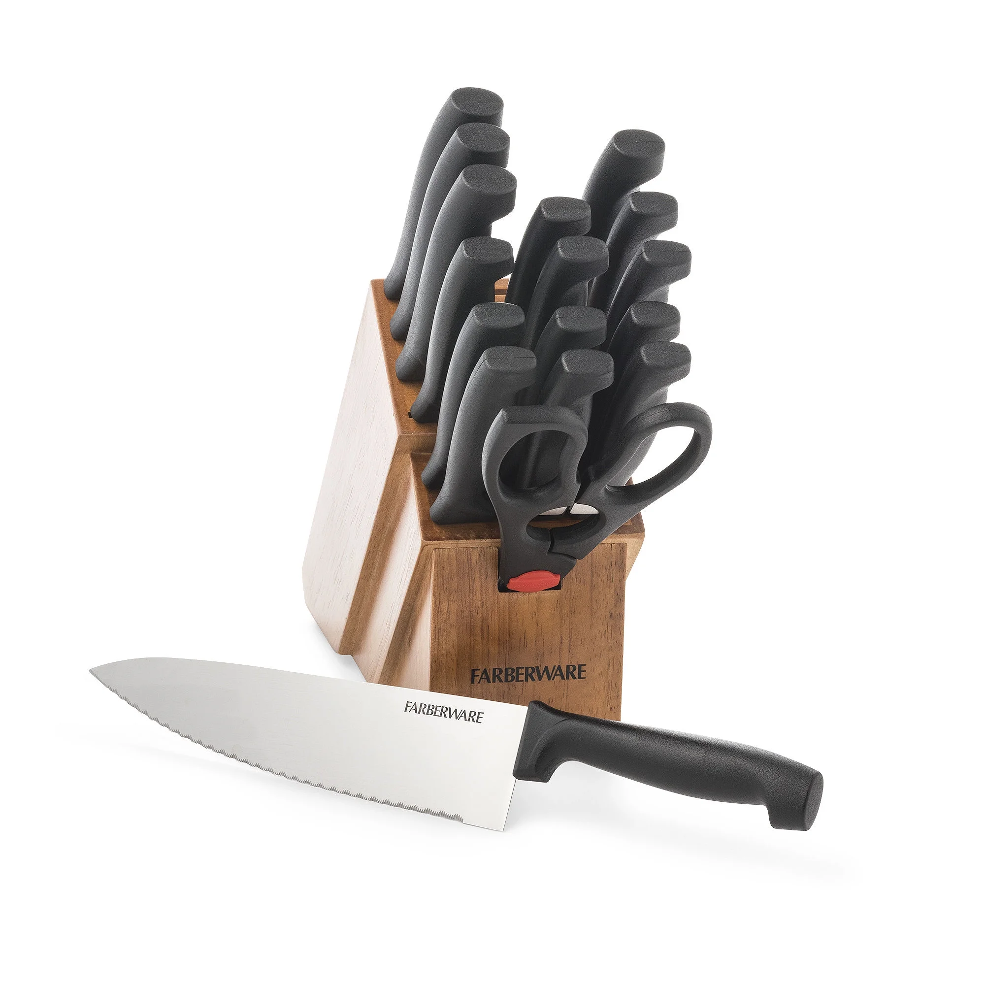 Farberware 18 Piece Never Needs Sharpening Stainless Steel Knife Set with Block Natural Wood