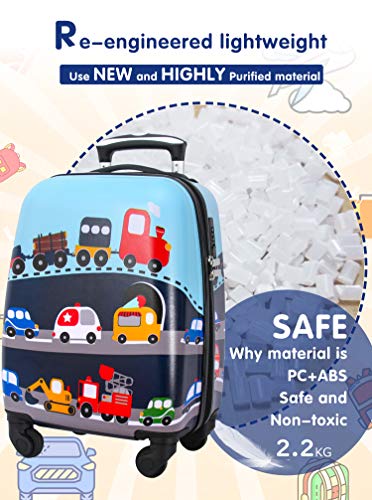 Kids Carry On Luggage Children Rolling Suitcase with 4 Wheels Hardshell Case for Toddler to Travel (dinosaur&car)