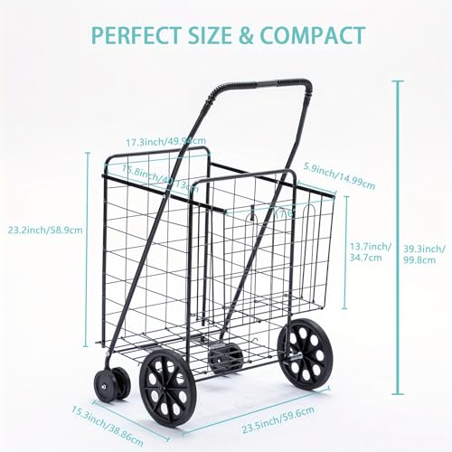Jumbo Folding Shopping Cart,Collapsible Shopping cart with Double Basket and 360-Degree Wheels, Utility Cart for Grocery Laundry Book Luggage Travel(Silver)…