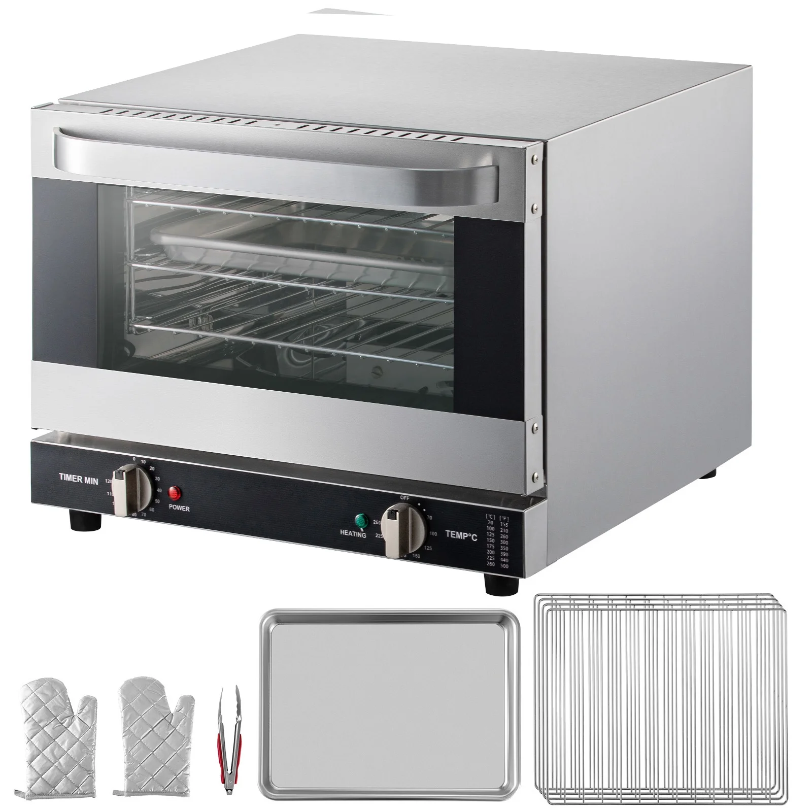 Commercial Convection Oven, 21L/19Qt, Quarter-Size Conventional Oven Countertop, 1440W 3-Tier Toaster w/ Front Glass Door, Electric Baking Oven w/ Trays Wire Racks Clip Gloves, 120V, ETL Listed