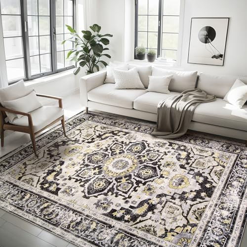 Area Rug Washable Living Room - 9x12 Vintage Traditional Boho Carpet for Bedroom Dining Room Machine Wash Non Slip Soft Large Rug Bohemian for Farmhouse Office College Dorm Indoor Floor Brown