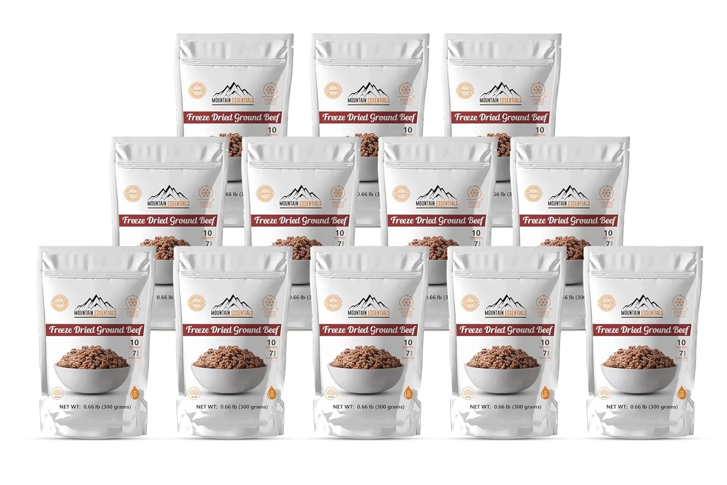 (Pack of 12) MOUNTAIN ESSENTIALS Freeze Dried Ground Beef Fully Cooked | Ready to Eat | No Water Added | No Preservatives | Survival & Emergency Food For Hunting, Backpacking & Camping Food 10 serving