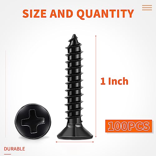 100 PCS #4 X 3/8 inch Stainless Steel 18-8 (A2) Wood Screws, Black Coated Flat Head Phillips Full Threaded No.4 X 3/8'' Small Screw by TPOHH