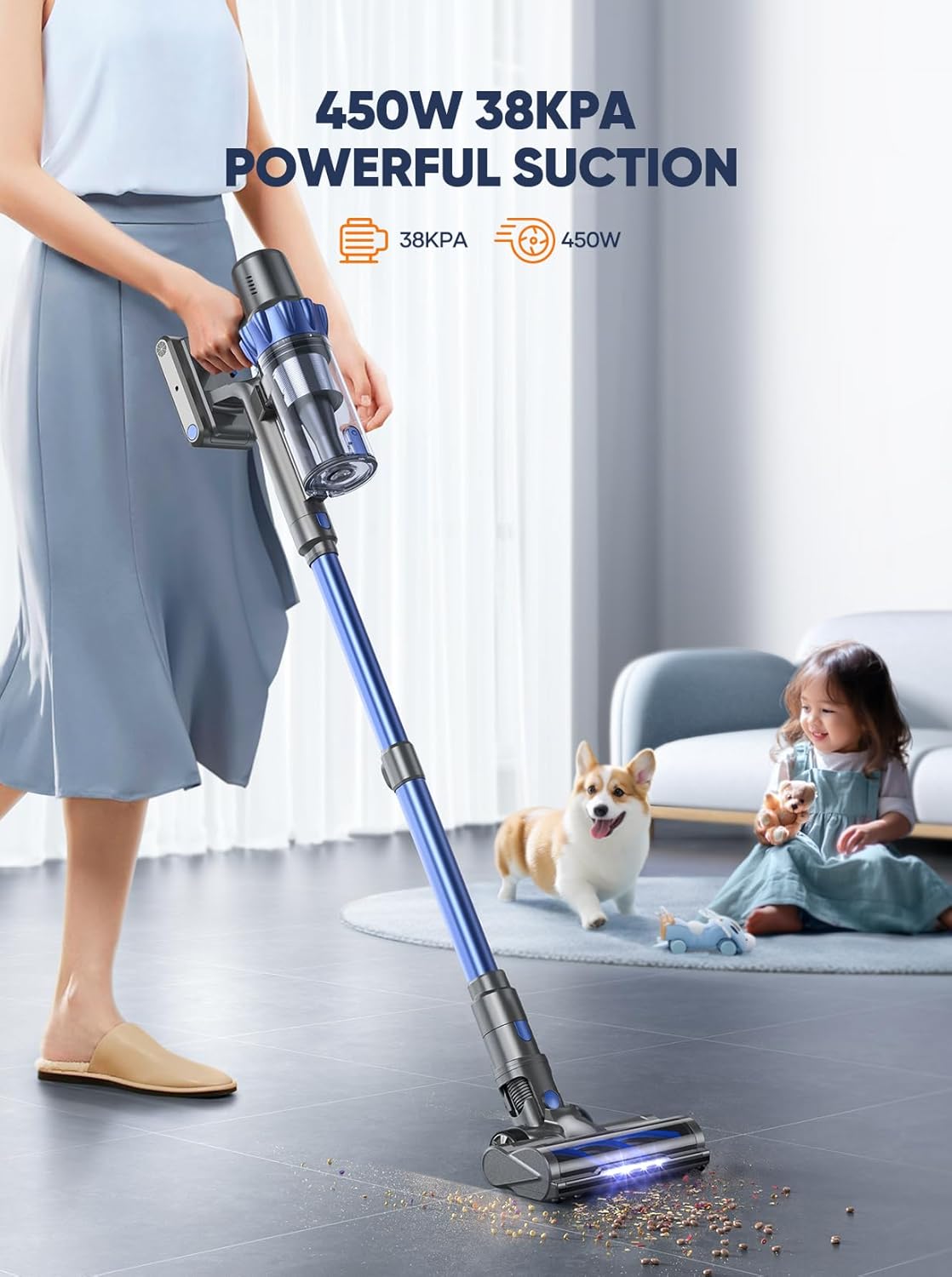 Cordless Vacuum Cleaner, 450W 38KPA Stick Vacuum with Intelligent Auto Mode, Color Touch Display, Up to 55Mins, Rechargeable Cordless Vacuum for Hardwood Floor Carpet Pet Hair, Blue