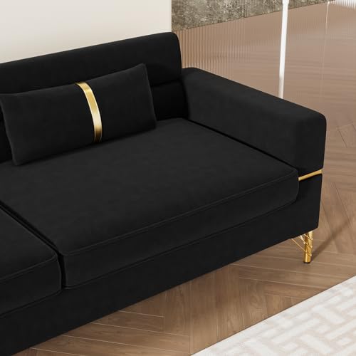 83'' Velvet Sofa, Chesterfield Velvet Upholstered Modern Love seat, with 2 Lumbar Pillows and Round Gold Plated Feet Cream Sofa 3 Seat Living Room Apartment Large Sofa (Khaki)