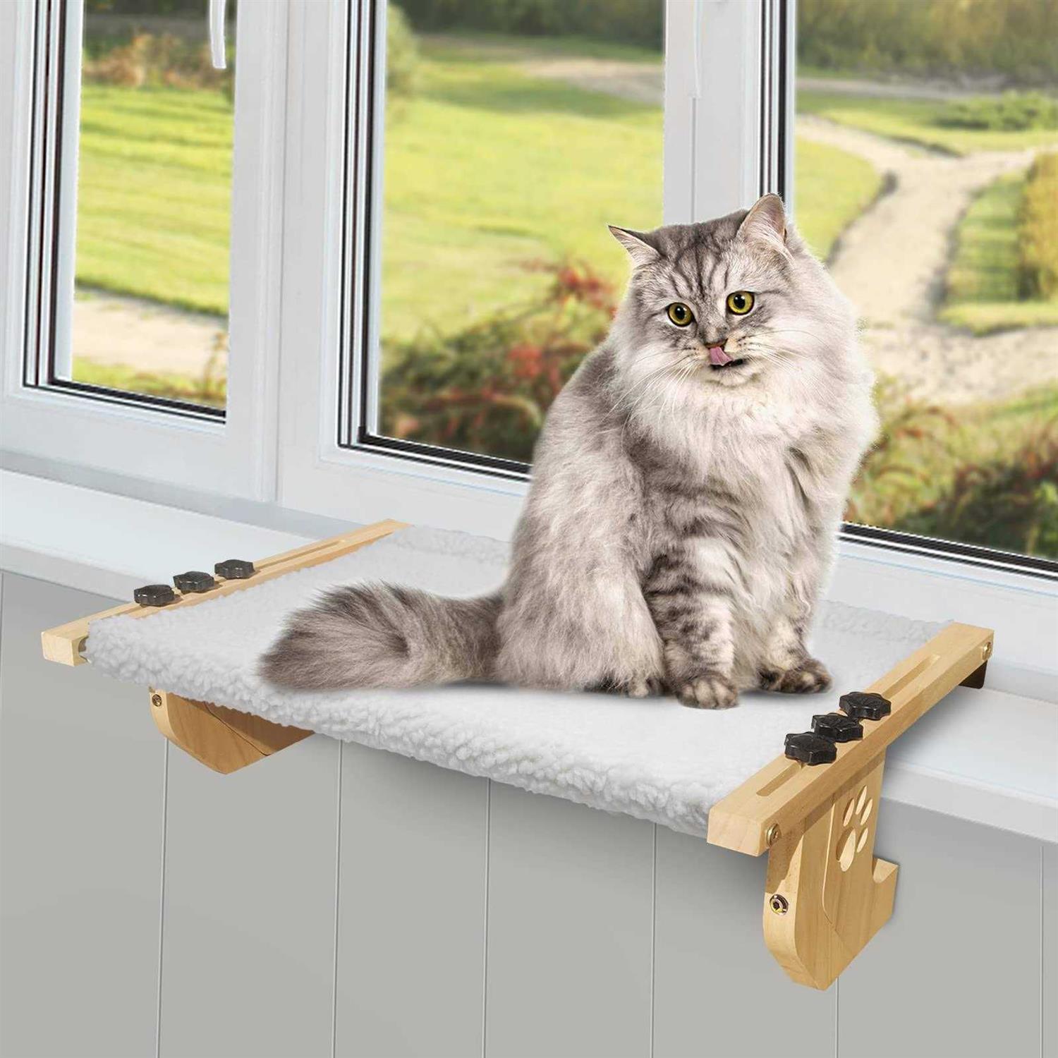 SEEPEARL Cat Window Perch Sturdy Cat Window Hammock with Wood and Metal Frame-No Drilling Required-Multiple Ways to Use-Cat Bed for Windowsill,Floor,Bedside - Pet Supplies online store