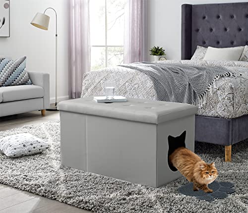 Designer Cat Litter Box Enclosure Hidden Washroom Bench Ottoman (Grey)