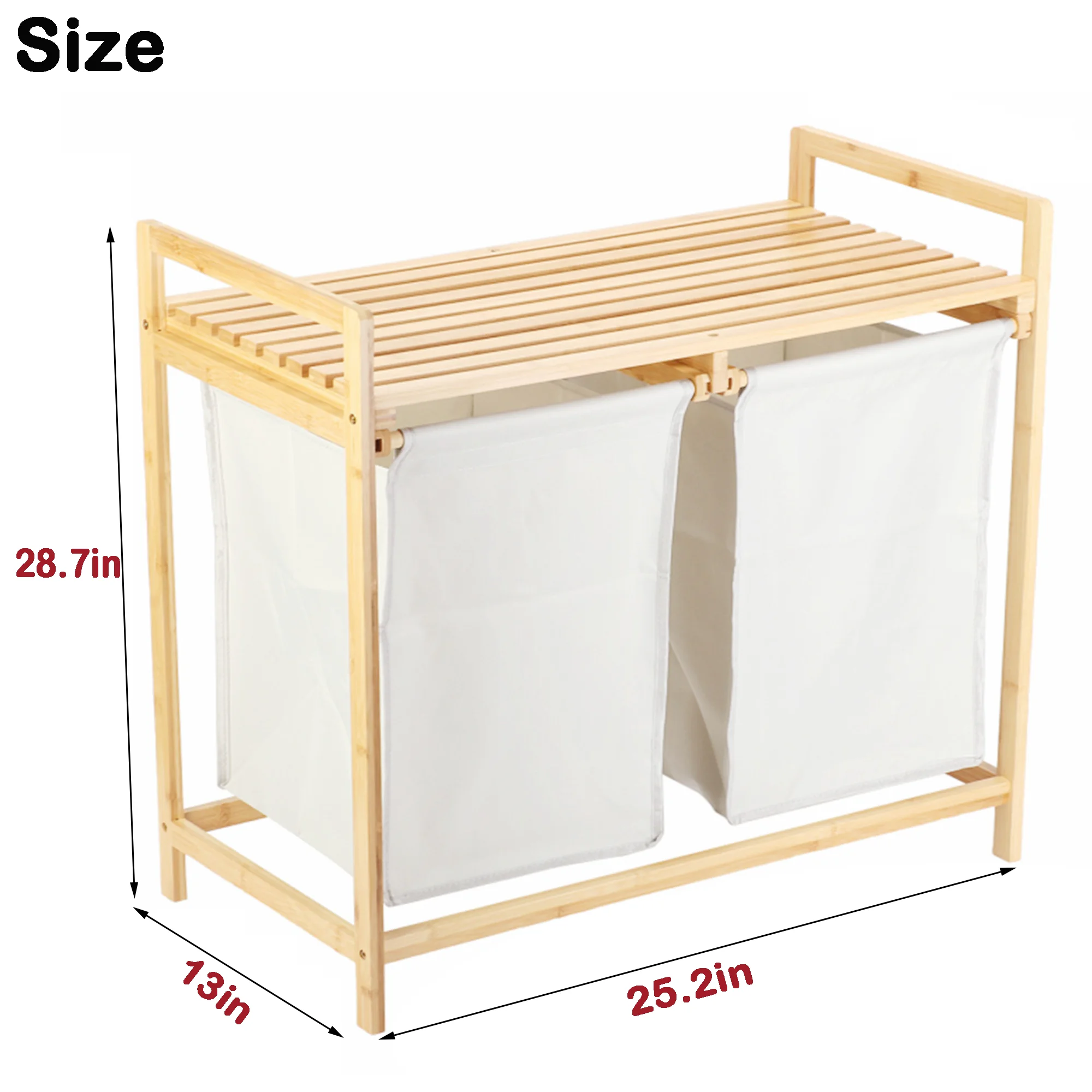 Nisorpa Freestanding Bamboo Laundry Basket,  2 Section Laundry Hamper with Shelf and Removable Bags