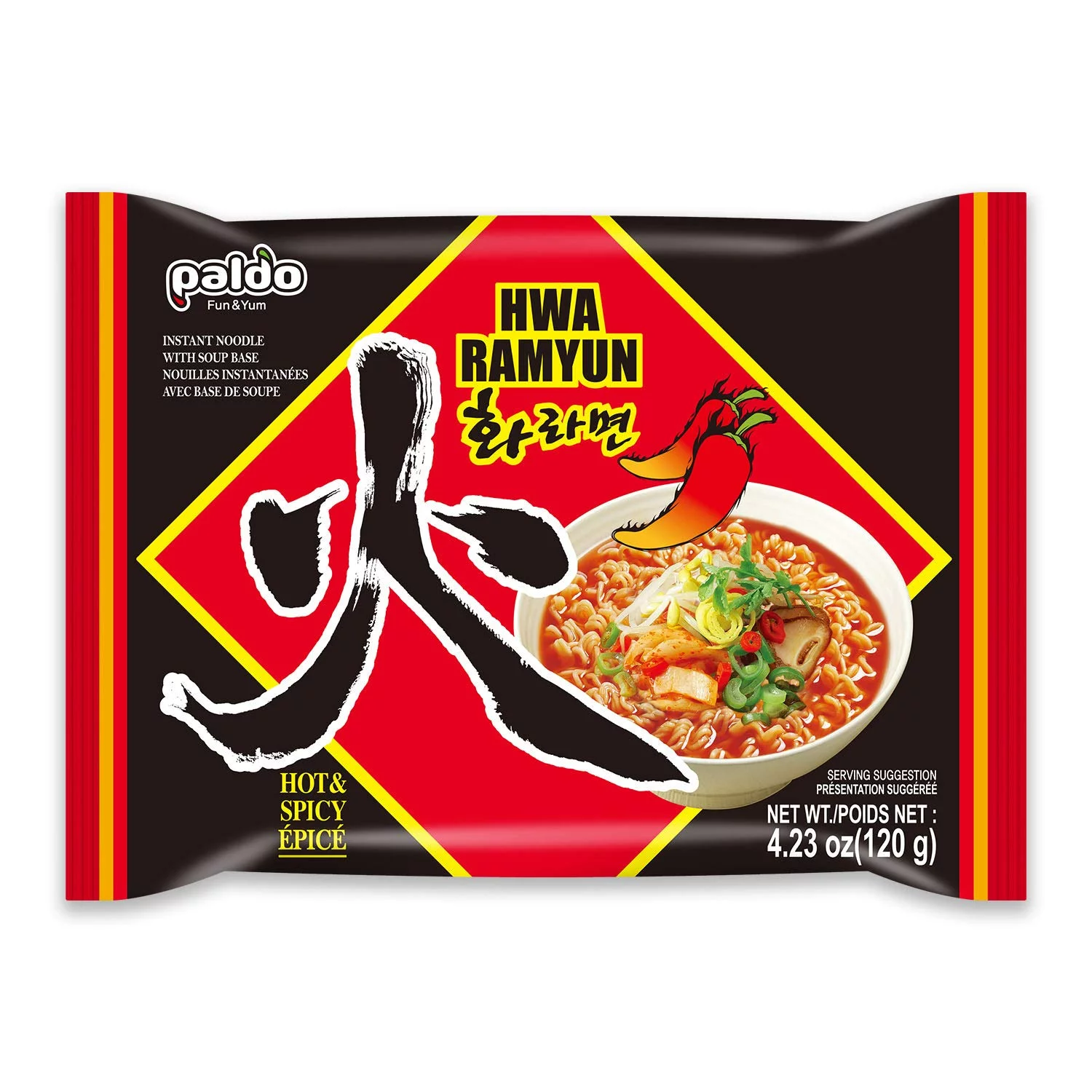 Paldo Fun & Yum Hwa Ramen Extra Hot & Spicy Instant Noodles with Spicy Broth, Best Oriental Style Korean Ramyun, Spicy Ramen Challenge, K-Food, 120g (4.23 oz) x 10 Pack