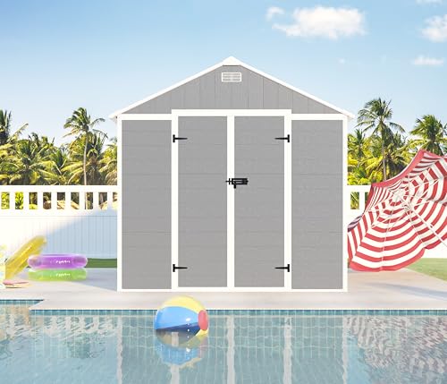 8x8 FT Outdoor Resin Storage shed - Waterproof Garden Sheds with Vents, Lockable Double Doors and Windows for Lawn, Backyard, Patio, Tool Storage Use,Rust and UV Proof, Gray