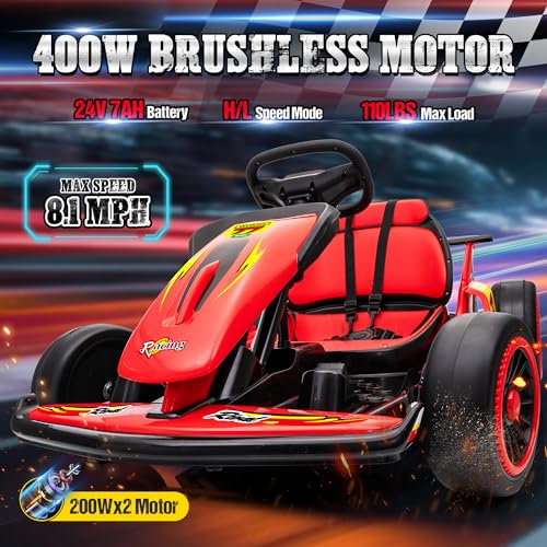 24V Electric Go Kart for Kids, Crazy Drift Cart with 400W Motors, EVA Tires, Max Speed 8.1 MPH, Music, Wireless, Electric Pedal Kart Outdoor Ride on Toy for Kids Ages 6+, Rose Red