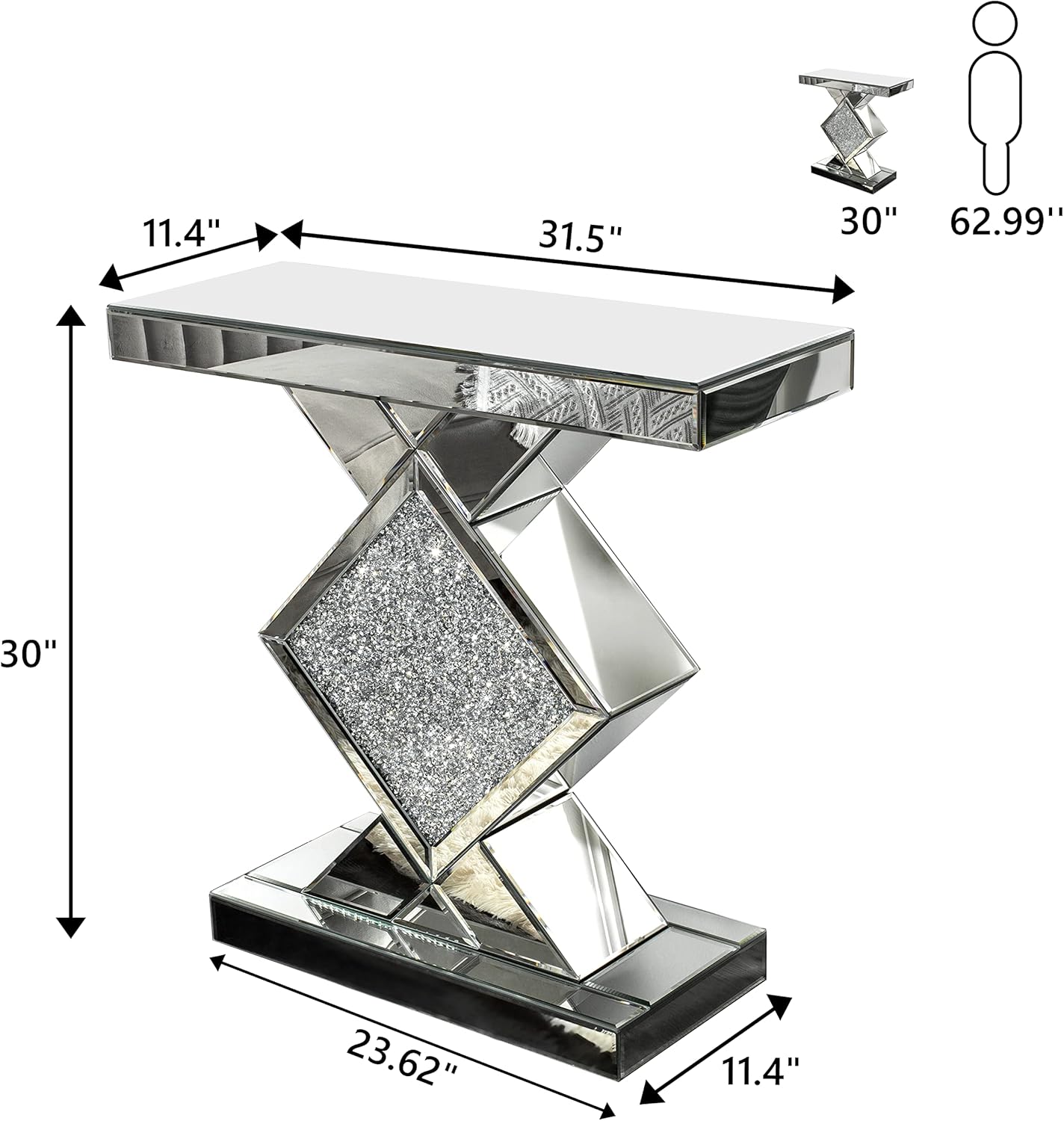 Mirrored Console Table, Silver Entryway with Diamond Shaped Mirror Finished, 31.5'' Long Accent Narrow Table, Glass Sofa Foyer for Living Room Hallway Entrance