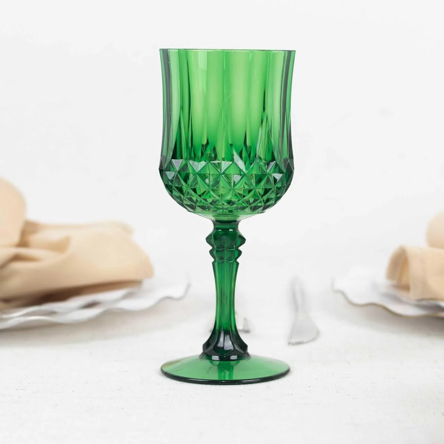 6 Pack Emerald Green Crystal Cut Reusable Plastic Wine Glasses, Shatterproof Cocktail Goblets 8Oz