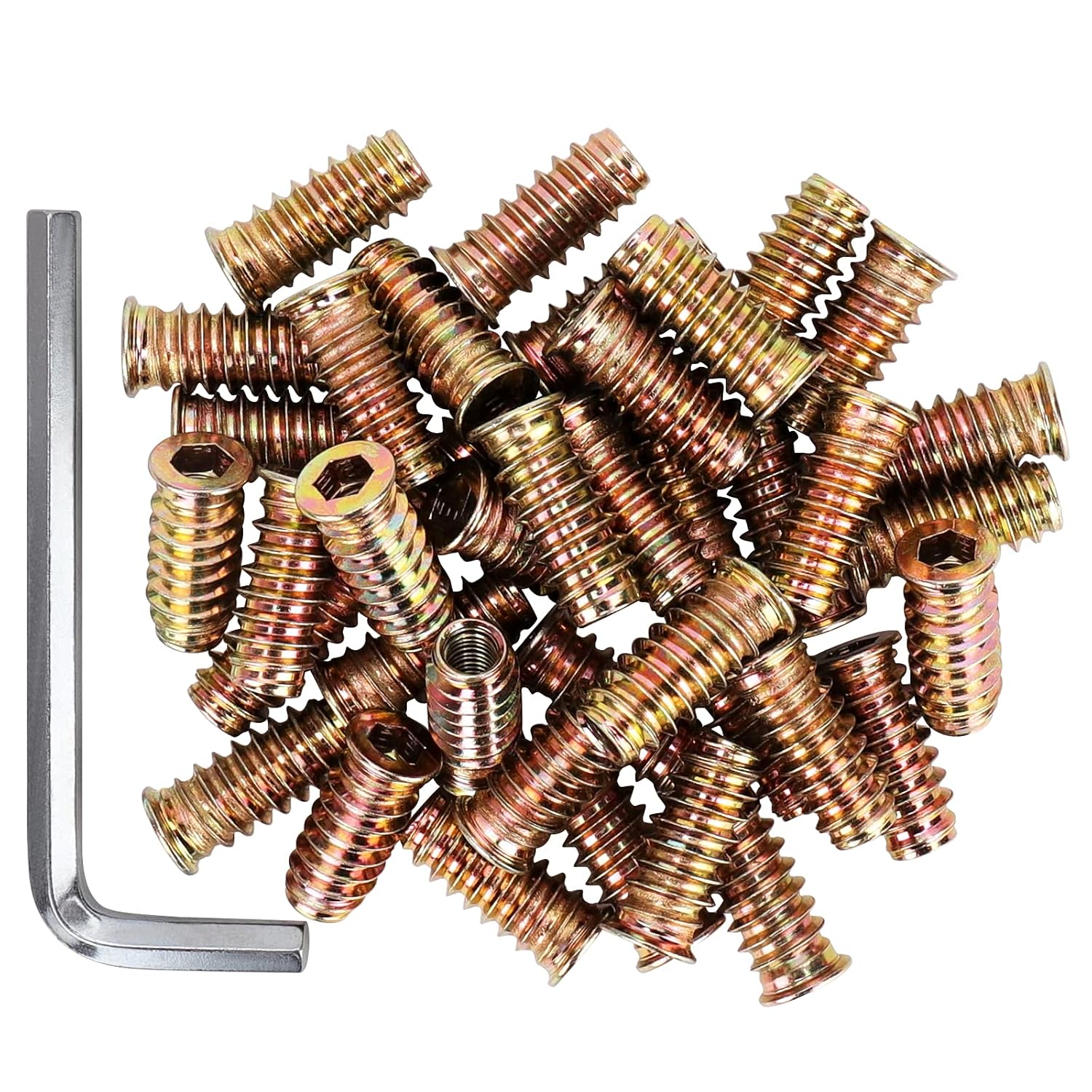 40 Pcs 1/4 Threaded Wood Inserts, 1/4''-20 x 25mm Threaded Inserts for Wood, Nut Inserts, Carbon Steel Furniture Screws with Spanner, Bolt Fastener Connector Hex Socket Drive for Wood Furniture