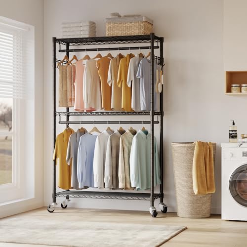 H2 Rolling Garment Rack Heavy Duty Clothes Rack with Wheels Double Hanging Rods Clothing Rack Closet Rack for Hanging Clothes Portable Closet Wardrobe, Closet Organizers and Storage, Black