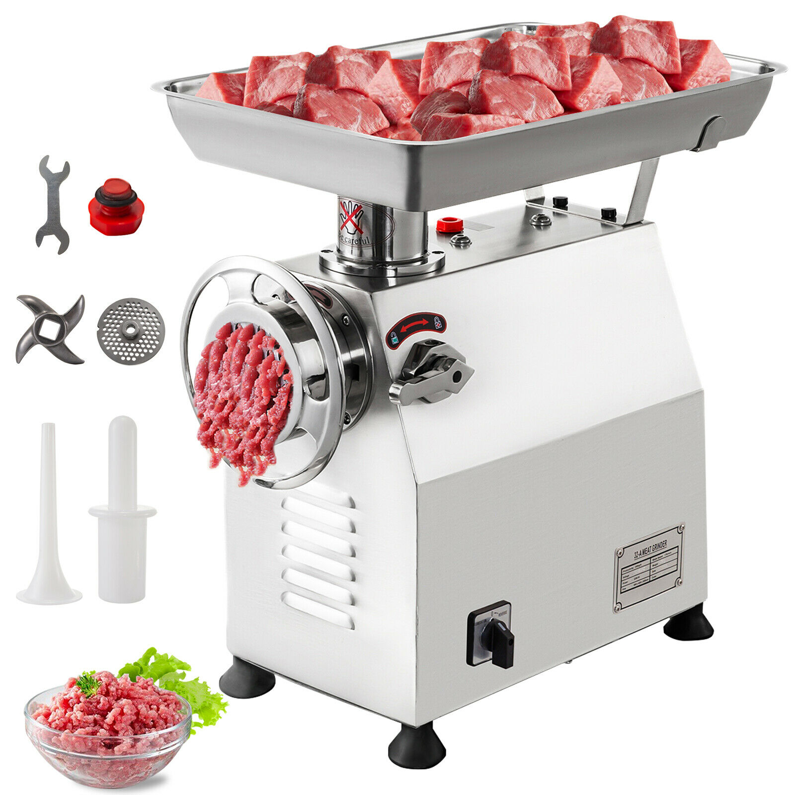 VEVORbrand Commercial Electric Meat Grinder 770lbs/h,Electric Sausage Maker 2200W,Stainless Steel With 2 Grinding Heads & 2 Blades For Restaurants,Supermarkets,Silver