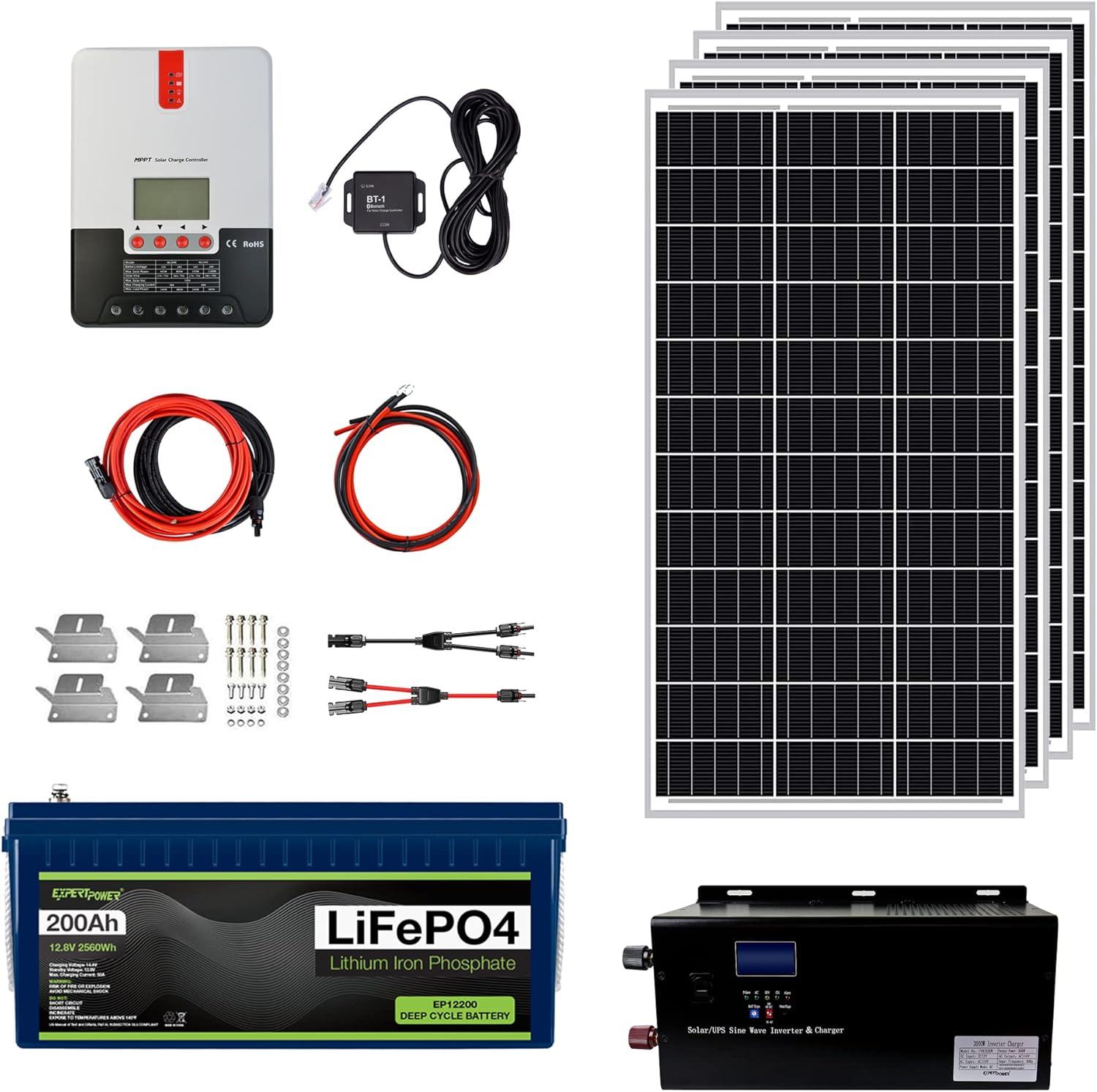 ExpertPower 2.5KWH 12V Solar Power Kit | LiFePO4 12V 100Ah, 400W Mono Solar Panels, 30A MPPT Solar Charge Controller, 3KW Pure Sine Wave Inverter Charger | RV, Trailer, Camper, Marine, Off Grid