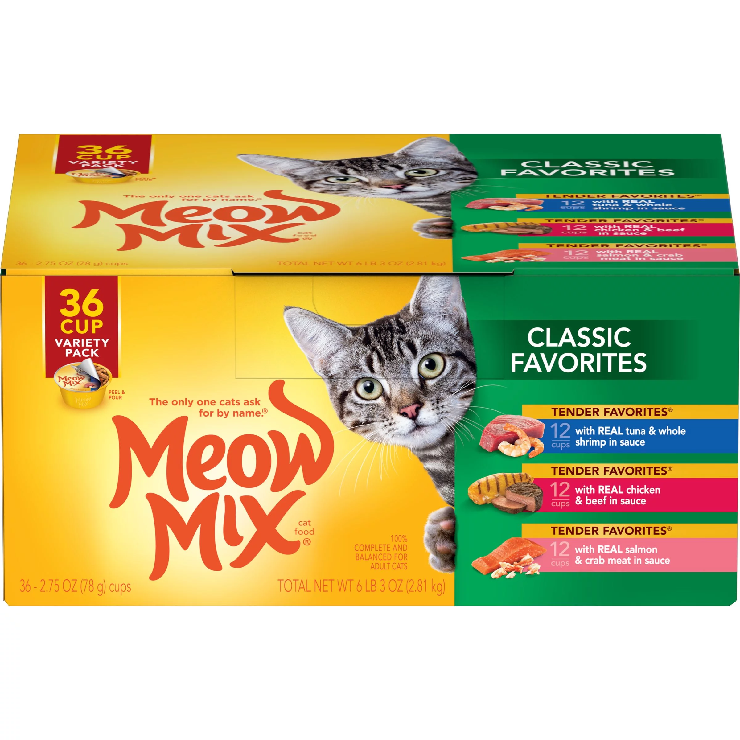 Meow Mix Classic Favorites Beef, Chicken, Tuna, Shrimp, Crab & Salmon Flavor Gravy Wet Cat Food, 2.75 oz. Cups (36 Count)
