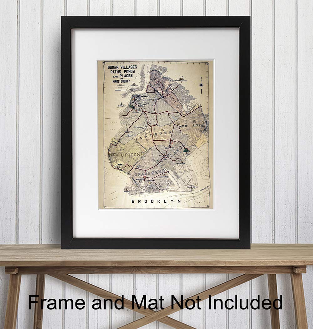 Brooklyn Map Poster Print - 8x10 NY Vintage Style Wall Decor, Home Decoration for Apartment, Office, Living Room, Bedroom - Unique Gift for New York, Manhattan or NYC Fan