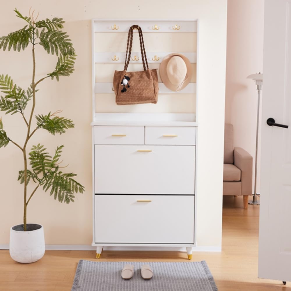 Hommoo Multi-Functional Entryway Armoire - Wardrobe Closet with Drawers, Shelves, and Shoe Storage, Elegant White Design