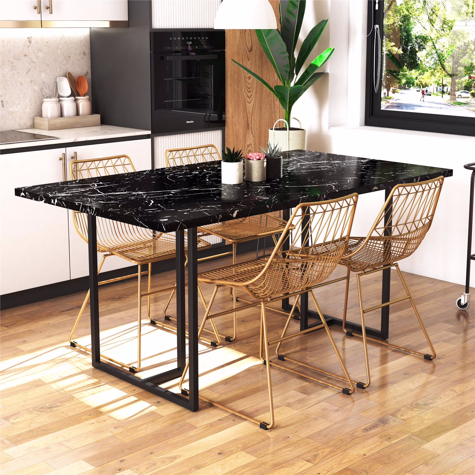 CosmoLiving Astor Dining Table, Black Marble Top with Black Legs